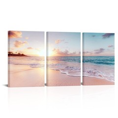 Derkymo 3 Pieces Pink Beach Canvas Wall Art Coastal Sunset Landscape Pictures…