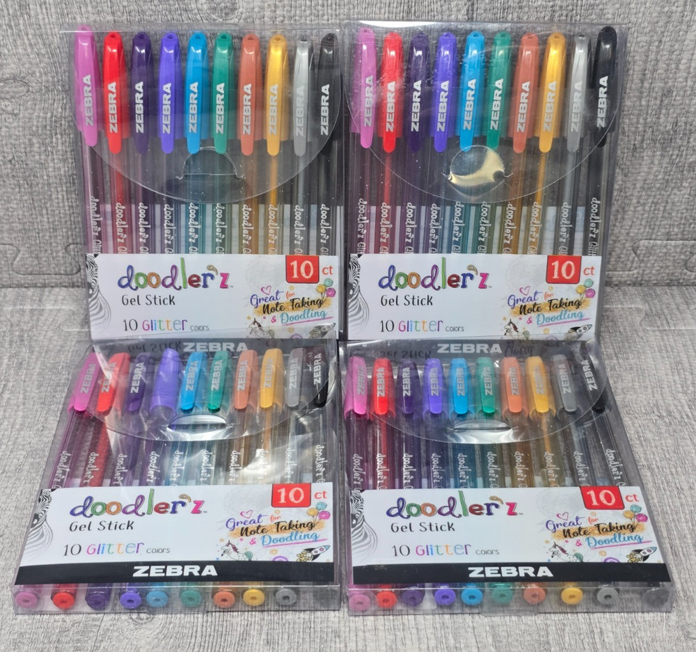 Zebra Doodlerz Gel Sticks Glitter Pens -4 Packs – Lot of 40 Pens Total – NEW