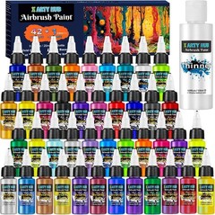 Airbrush Paint – 42 Colors with 4.05 Fl Oz Thinner, Iridescent, Neon & Metallic