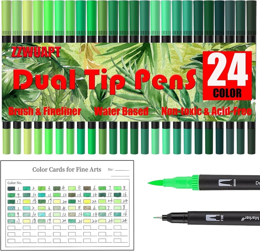 ZZWUAPT Green Double Tip Brush Pens Art Markers,24 Colored Artist Fine Brush…