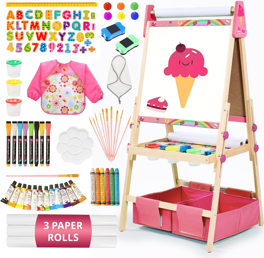 Art Easel for Kids with 3 Paper Roll, Magnetic Whiteboard and Chalkboard,Adjusta