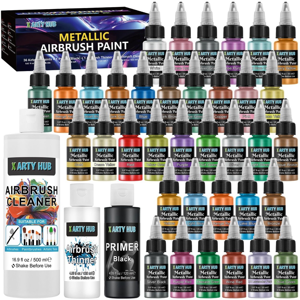 Metallic Airbrush Paint Set, 36 Colors, 4.05 fl oz Primer & Thinner – Includes