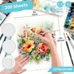 200 Sheets 9×12” Watercolor Paper Bulk, 110lb/230gsm Cold Press White Thick W…