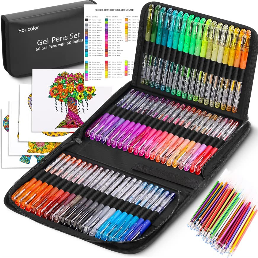Glitter Gel Pens for Adult Coloring Books 120 Pack-60 Glitter Coloring Pens Kit