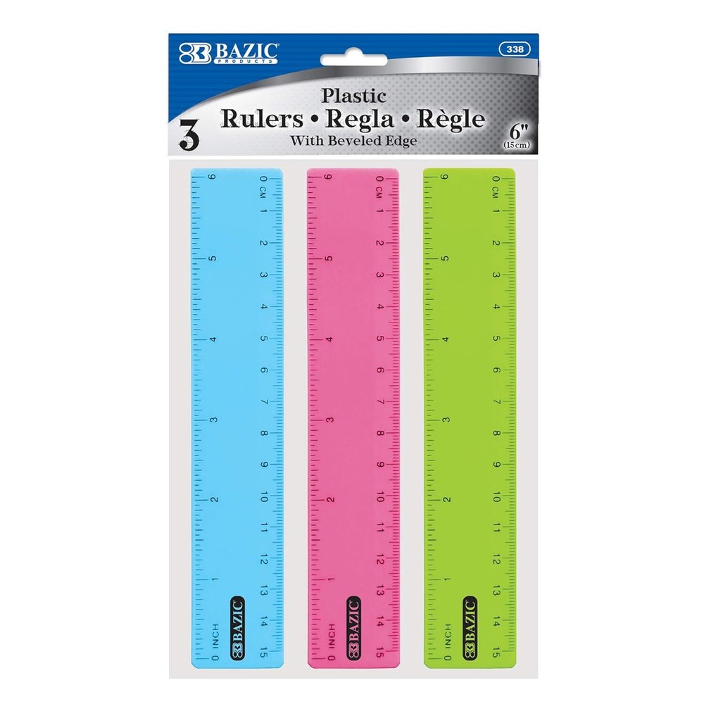 BAZIC Plastic Ruler 6″ (26cm), Inches 1-Pack, Assorted Colors (3-count)