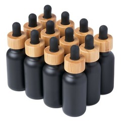 Black Coated Boston Round Glass bottles Black Bamboo Cap 1 oz / 30 ml 12 Pack