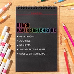30 Sheets Black Paper Sketchbook, 98lb/160gsm 5.5×8.5 Inch (1 pack), black