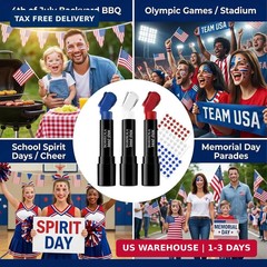 BOBISUKA Red White Blue Face Paint Stick Set with 3 Glitter Star Sticker Sheets,