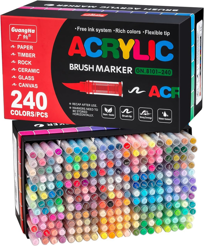 240 Colors Acrylic Paint Markers Set, Soft Flexible Brush Markers for Rock Paint