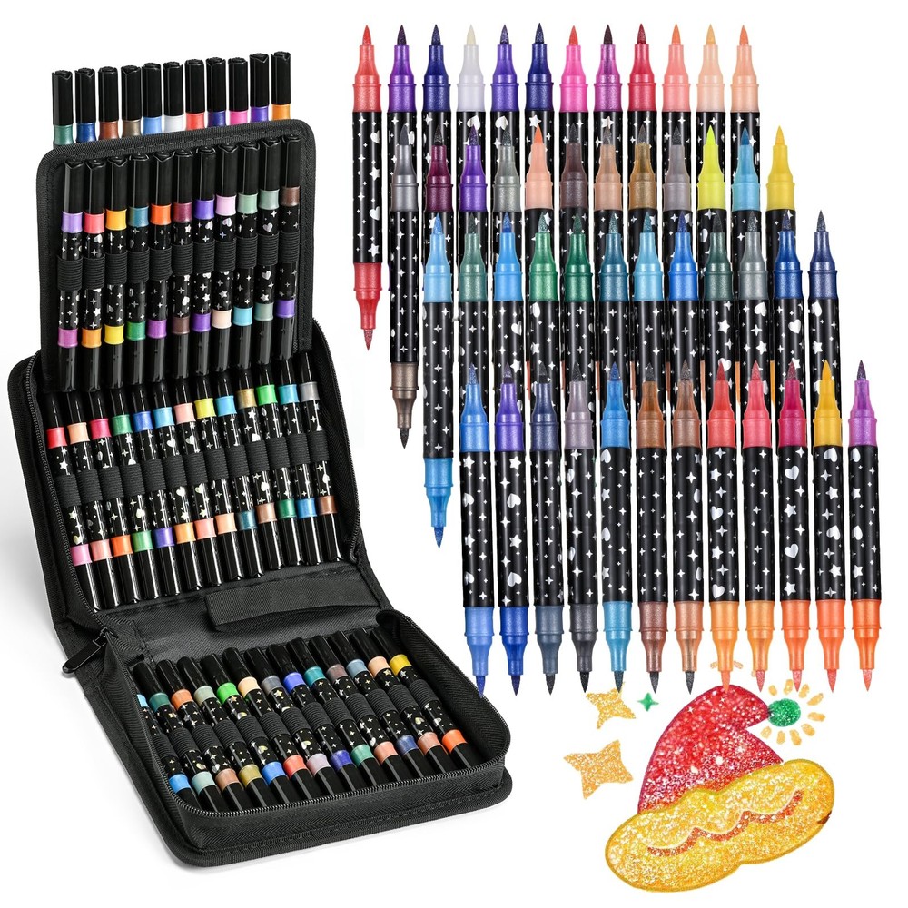 96 Colors Glitter Brush Markers,48 Pack Dual Tip Brush Glitter Marker for Doo