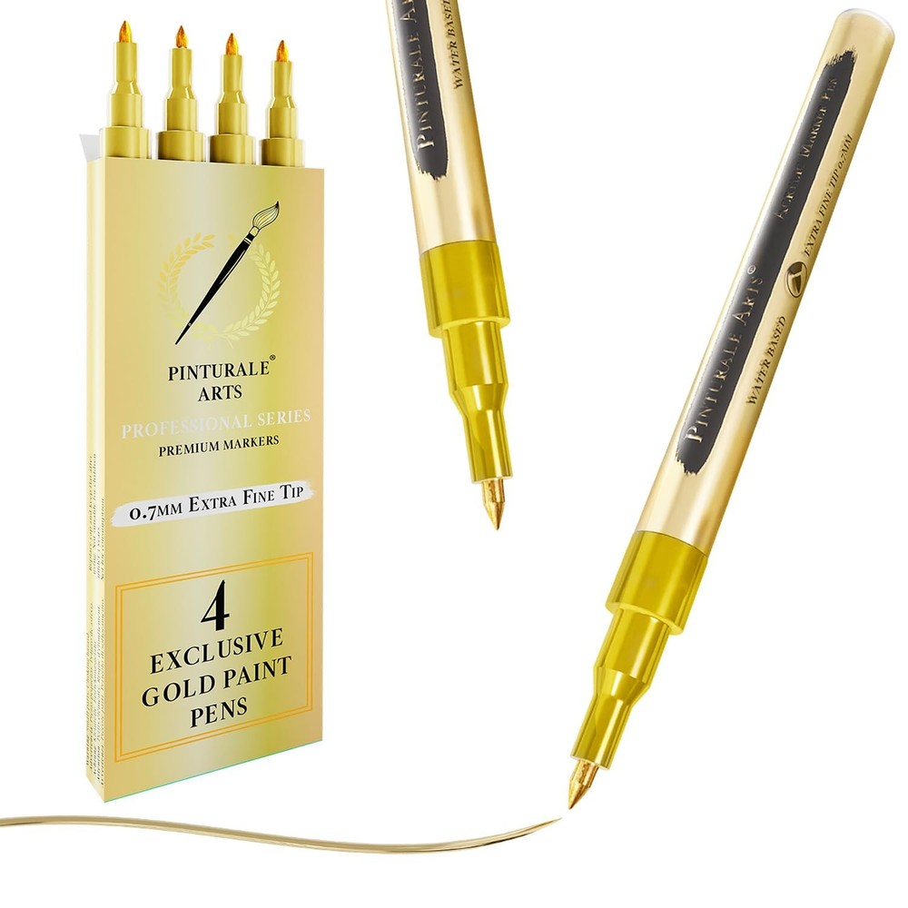 4 Gold Paint Pen Fine Tip Set Metallic Extra 0,7mm For Black Paper Ceramics Wood