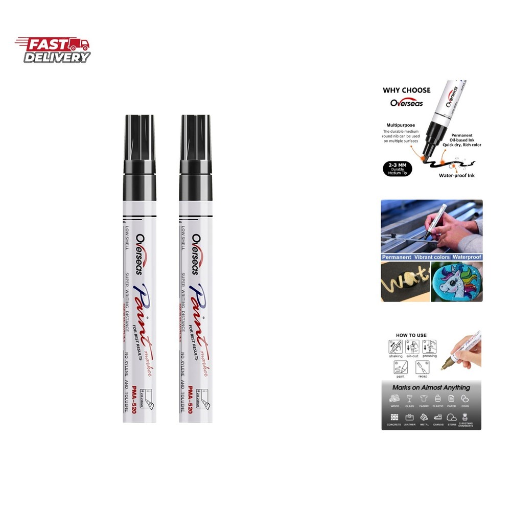 Permanent Paint Pens Black Markers – 2 Pack Single color Oil Based Paint Mark…