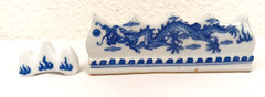 3 Chinese Blue On White Porcelain Calligraphy Brush Rest Set Dragon Pattern