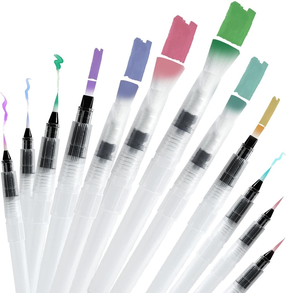 Junreox 12Pcs Watercolor Brush Pens, 6 point tip and 6 flat tip, White