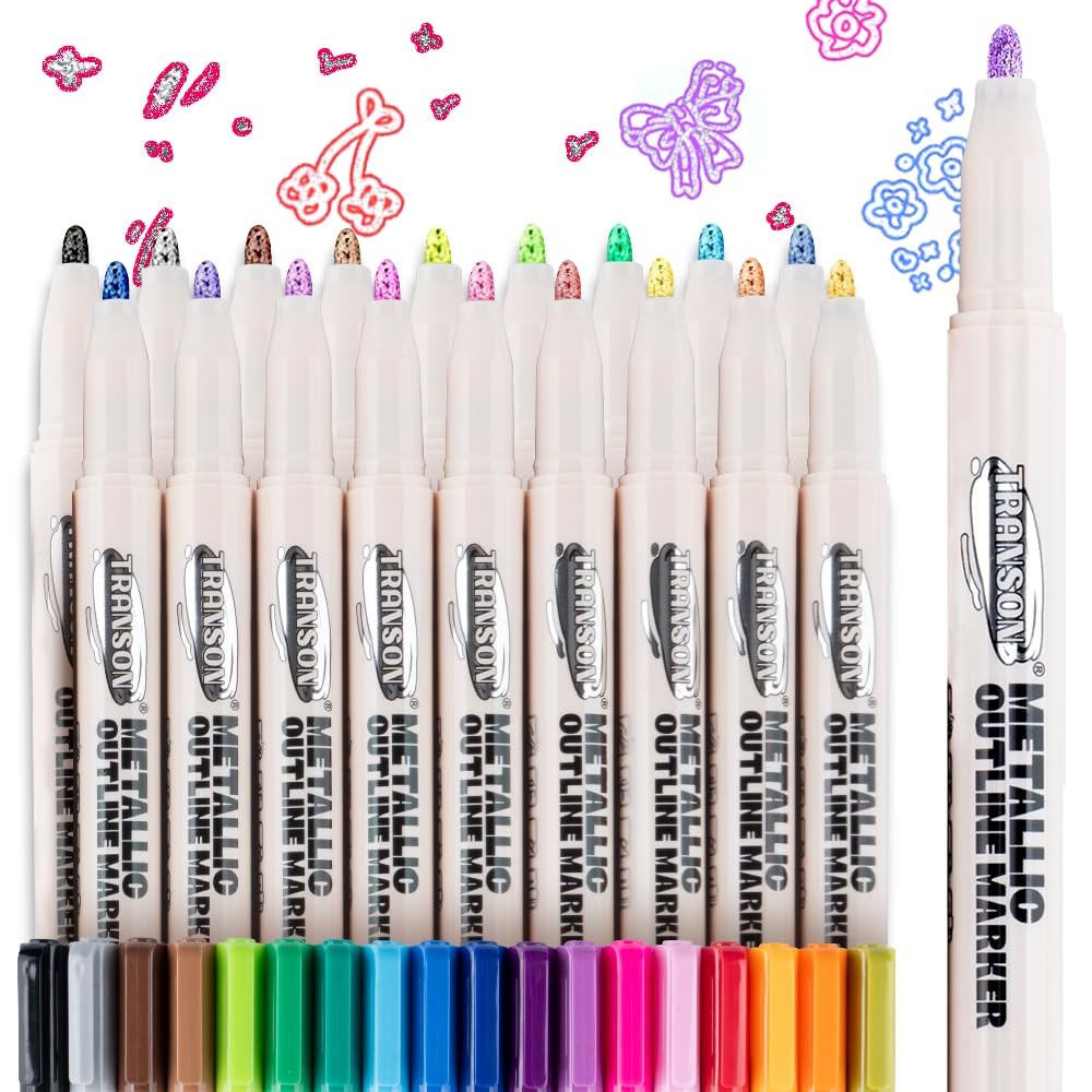 18pcs Outline Shimmering Markers with Metallic for Fun Art Drawing Craft DIY