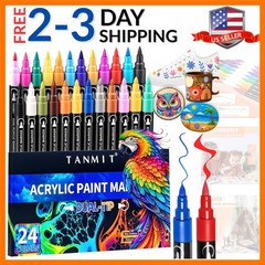 24 Colors Dual Tip Acrylic Paint Markers, Paint Pens Set with Brush Tip and F…
