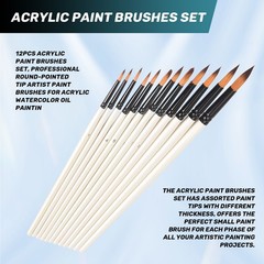 12Pcs Acrylic Paint Brushes Set, Professional Round-Pointed Tip Artist9729