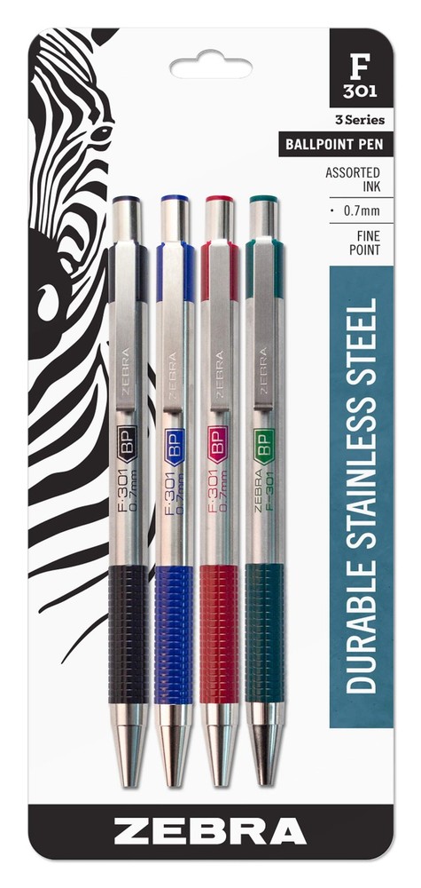 Zebra Pen F-301 Retractable Ballpoint Pen, Stainless Steel Barrel, Fine Point