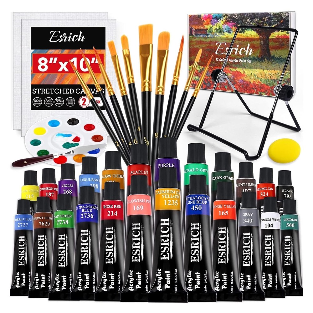 40PCS Acrylic Paint Set, Art Painting Supplies Kit with 24 Paints, 2 Canvas P…