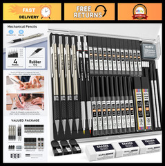 37PCS Mechanical Pencil Set – 4 Metal Drafting Pencils & 2 Lead Holders, 23 Refi