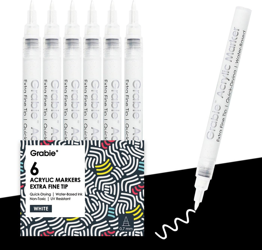 6 White Acrylic Paint Markers, 0.7Mm Extra Fine Tip Acrylic Paint Pens for Drawi