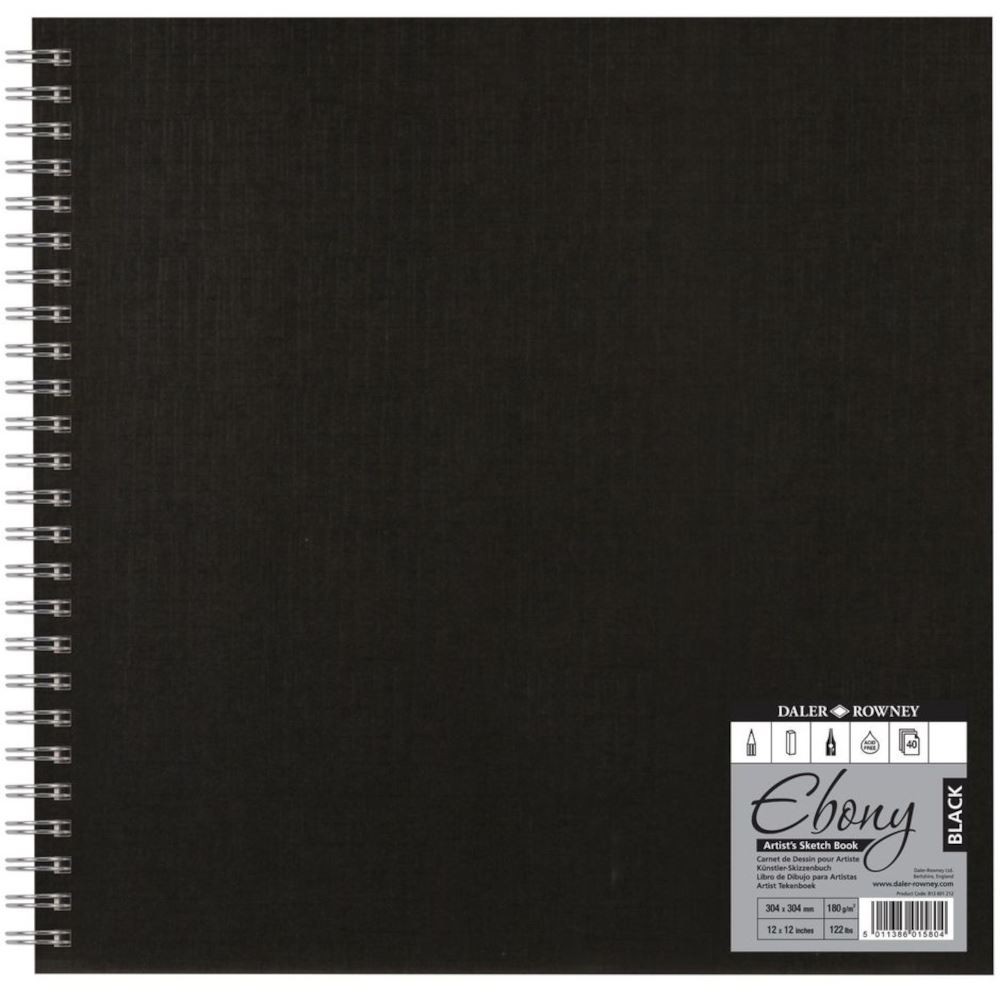 Daler Rowney Ebony Spiral Hardback Sketchbook Square Black 12×12″ 180gsm