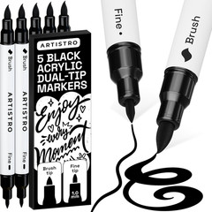 ARTISTRO 5 Black Acrylic Paint Markers – Paint Pens for Drawing, Brush + Fine Ti