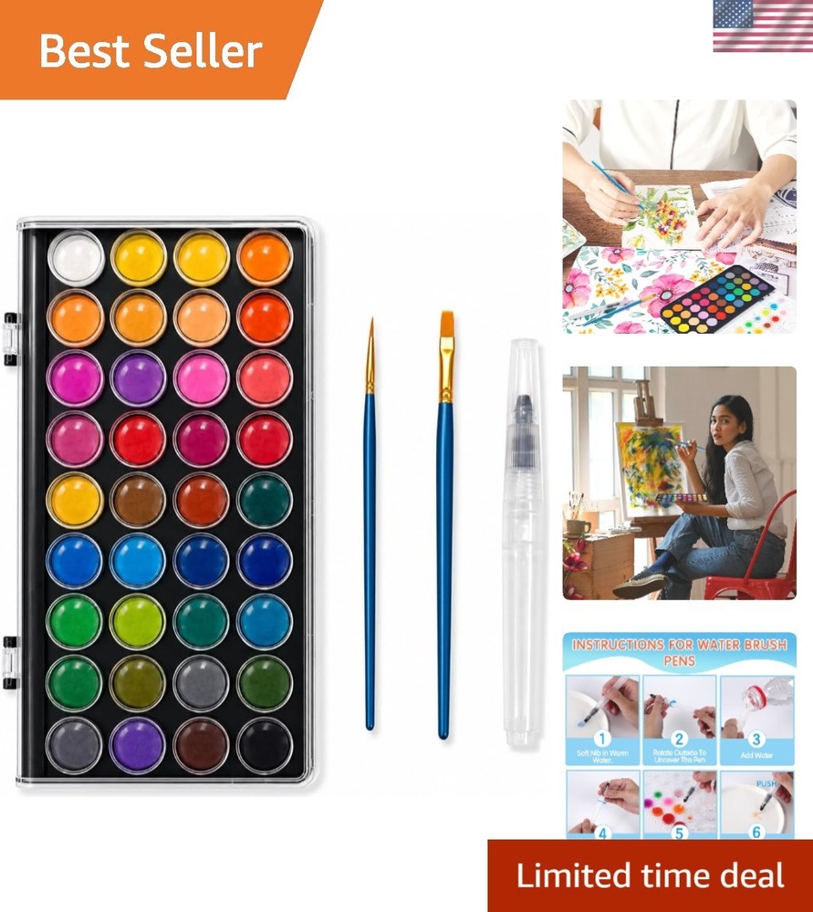 High-Quality 36 Color Non-Toxic Watercolor Paints with Water Brush & Palette