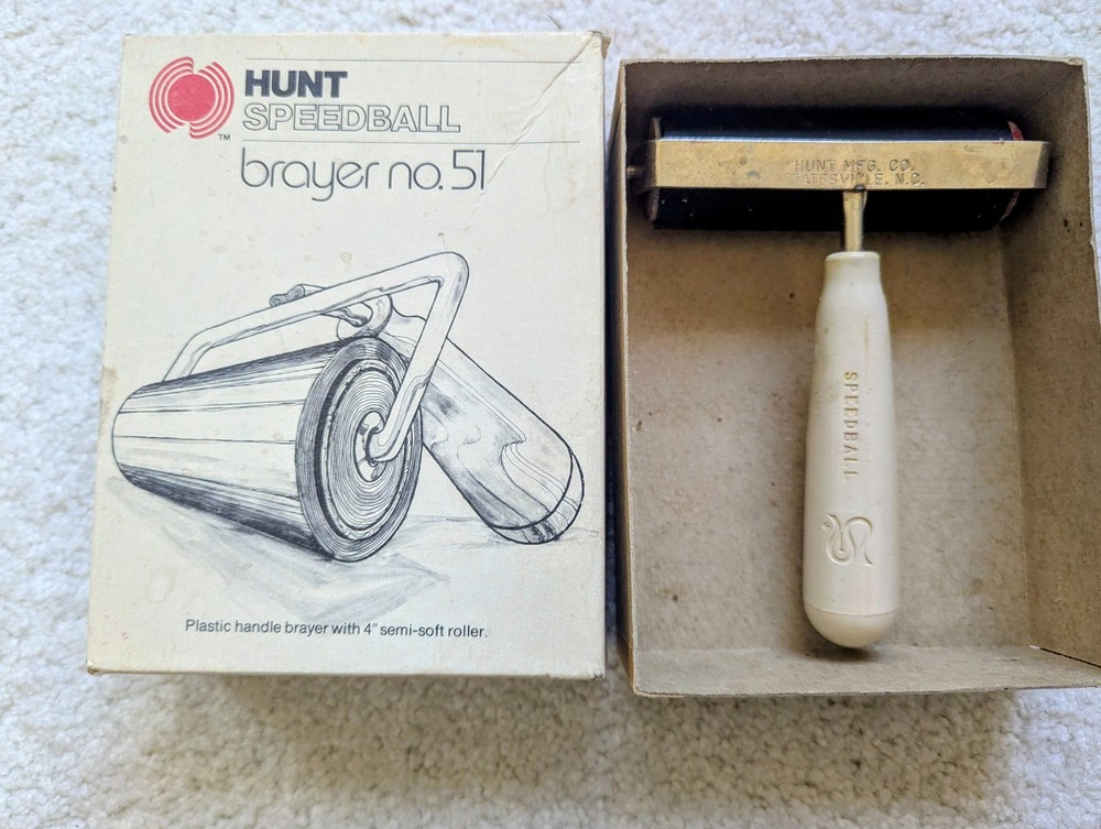 Vintage Speedball Brayer Roller Rubber Wood Handle HUNT PEN 51 printing art box