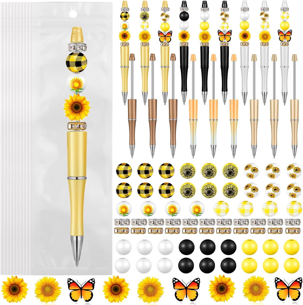 24 Sets Plastic Beadable Pens DIY Pens Making Kit Assorted Wood Beads Crystal Sp