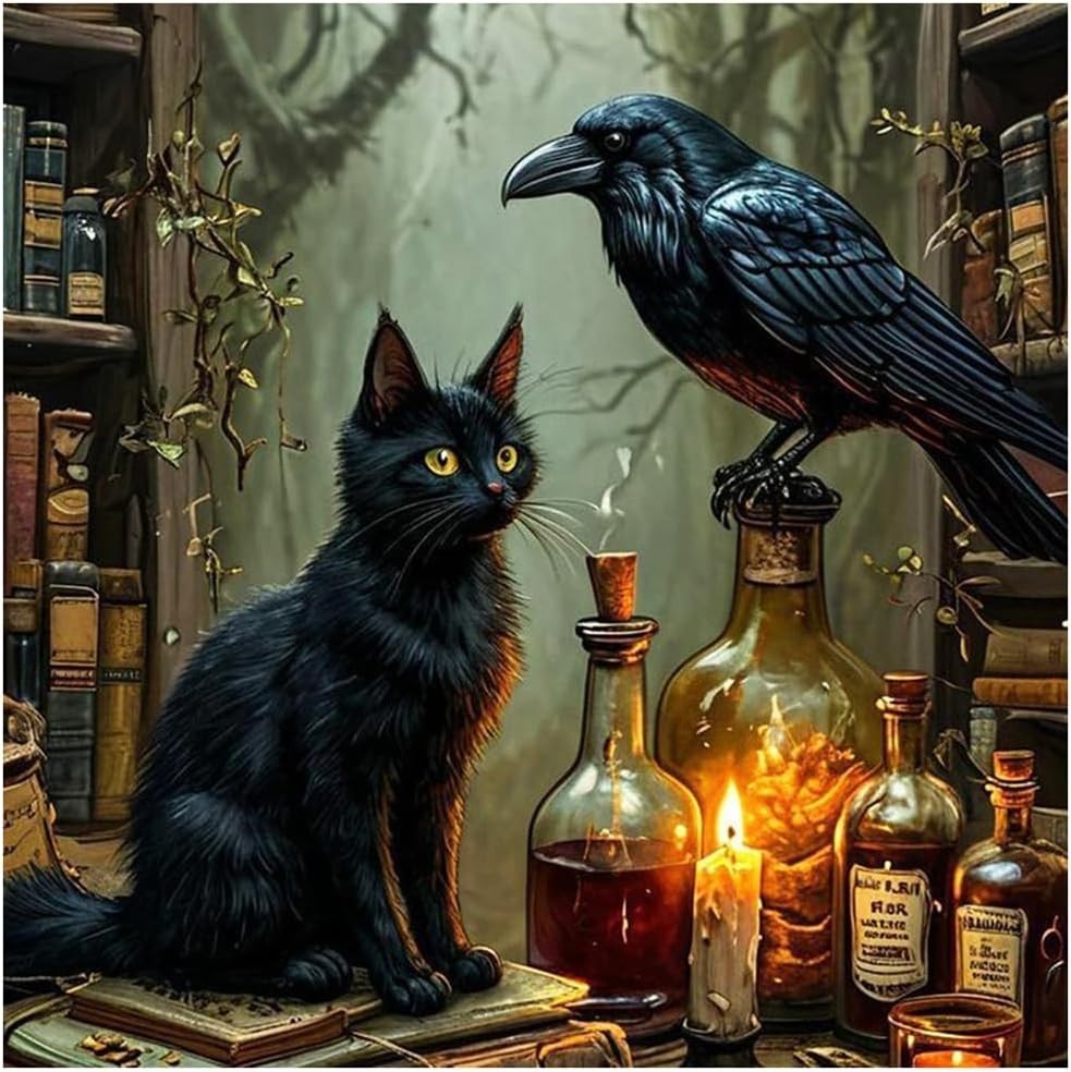 Black Cat and Raven Spooky Laboratory 5D Diamond Drill Dot Gem Art Paint Kit !!