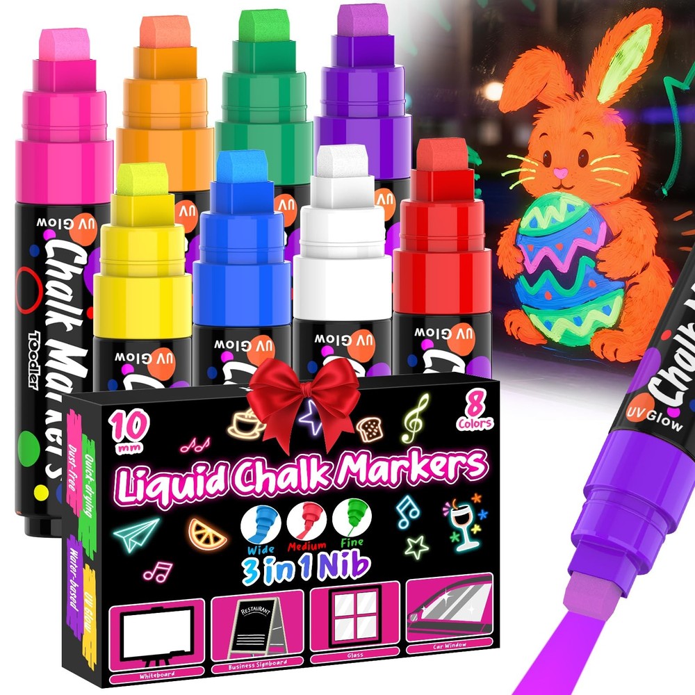 Toodler 8 UV Neon Chalk Markers 1 Count (Pack of 8), Neon, Glow in the Dark