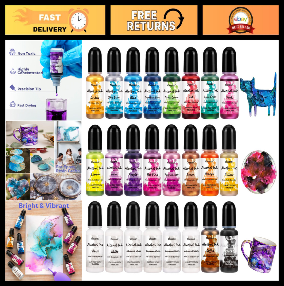 24 Vibrant Alcohol Ink Set – High Concentrated Resin Dye for Epoxy Art & Crafts