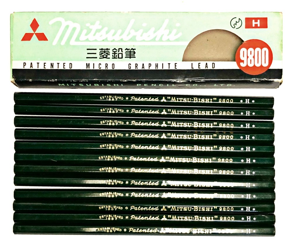Vintage Mitsubishi Wooden Pencils 9800 H 1 Dozen 12 Pcs Japan Pat. No. 217586