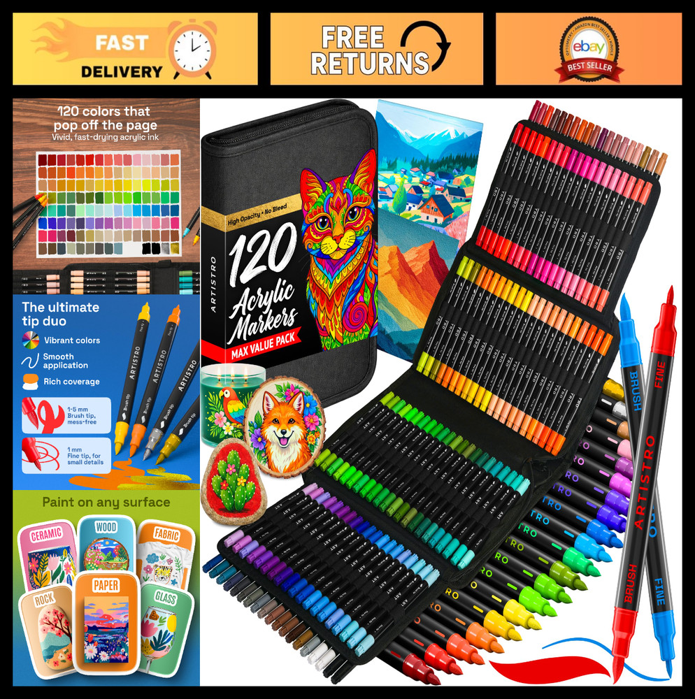 Acrylic Paint Pens Set – Dual Tip Brush & Fine Markers for Calligraphy, Fabric,