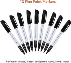12 Pack Fine Point Permanent Markers Black Waterproof for School Office Home
