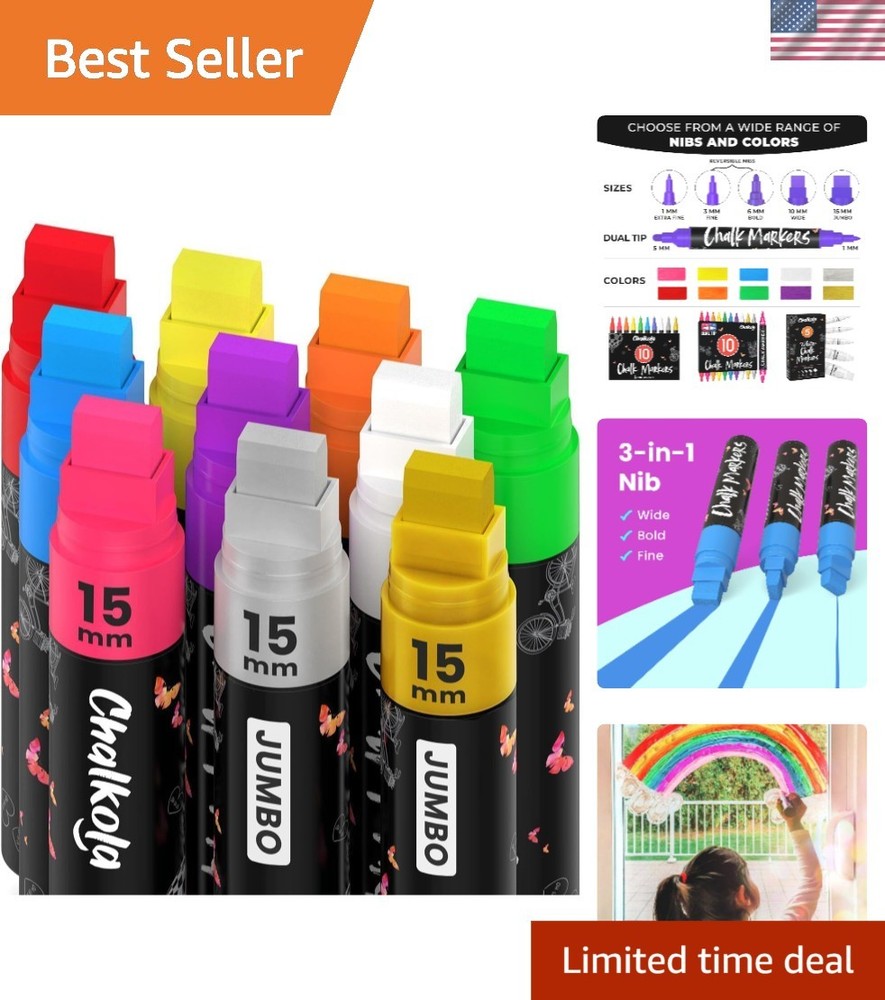 Washable Neon Chalk Markers for Cars & Glass – 10 Non-Toxic Pens, Jumbo Tip