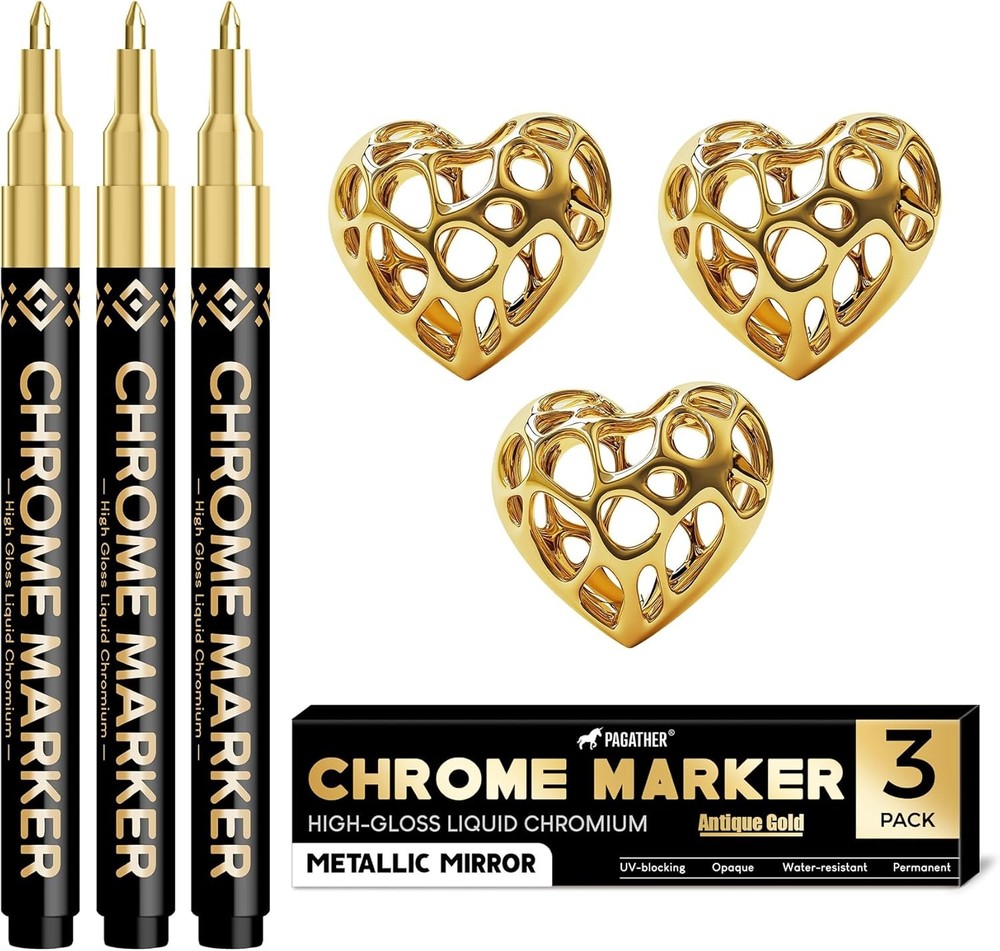 3Pcs Chrome Paint Markers, Gold Color Permanent Mirror Liquid Chrome Pens for Pl