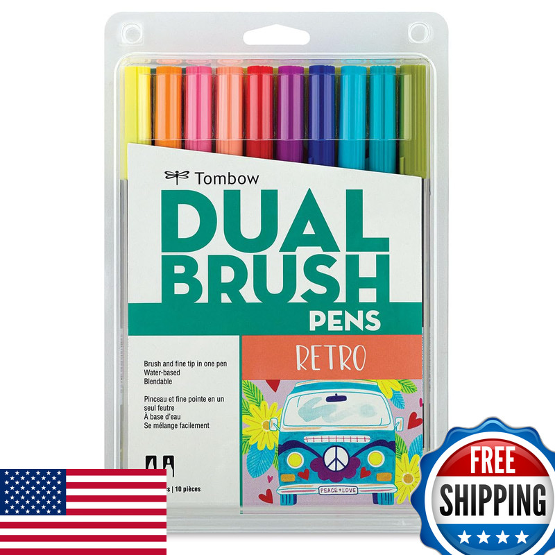 Tombow 56217 Dual Brush Pen Art Markers Retro 10-Pack. Blendable Brush And Fine