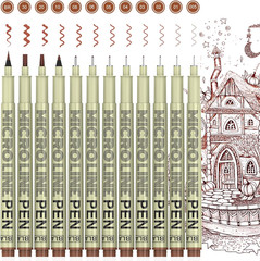 KERIFI Sepia Micro Pen Set, 12 Assorted Sizes Fineliner Ink Art Drawing Pens, Wa