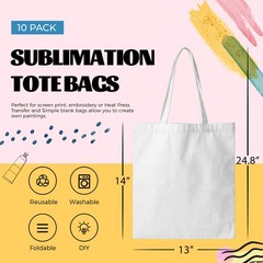 10 Pack Canvas Tote Bags Sublimation Blanks Reusable Shopping Craft