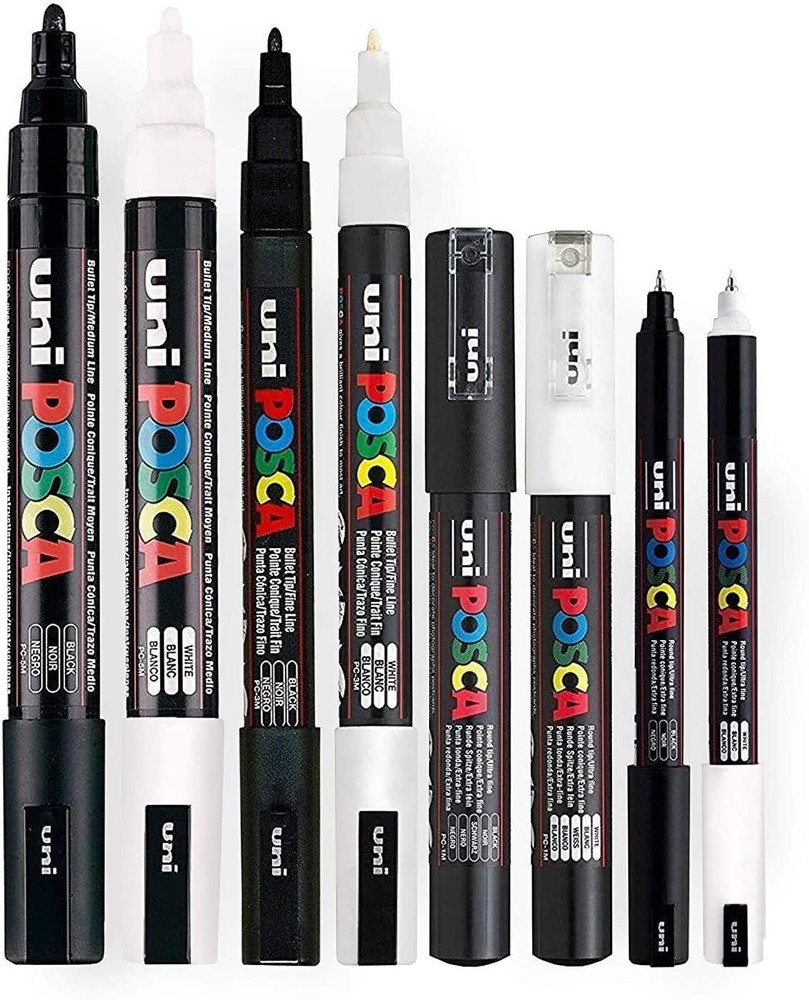 8 PCS Black & White Paint Marker Set PC5M PC3M PC1M PC1MR Fine Tip