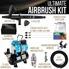 Dual Fan Tank Air Compressor System & Ultimate Airbrush Set, 0.2mm, 0.3mm, 0.5mm