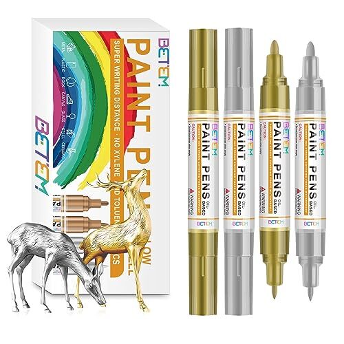 Betem Oil Based Paint Markers, Dual Tip Paint Pens(0.7mm & 3mm), 2Gold2Silver