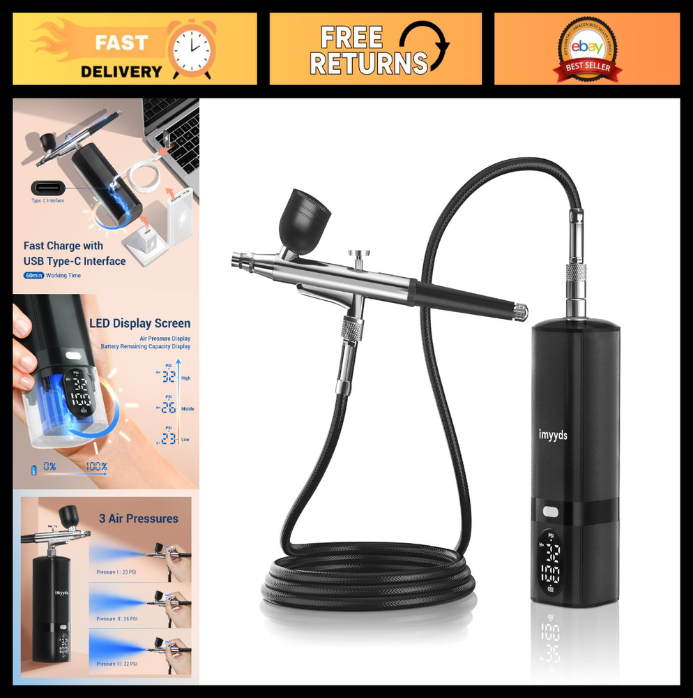 Cordless Airbrush Kit with Compressor, 32 PSI, LED Display, Adjustable Pressure
