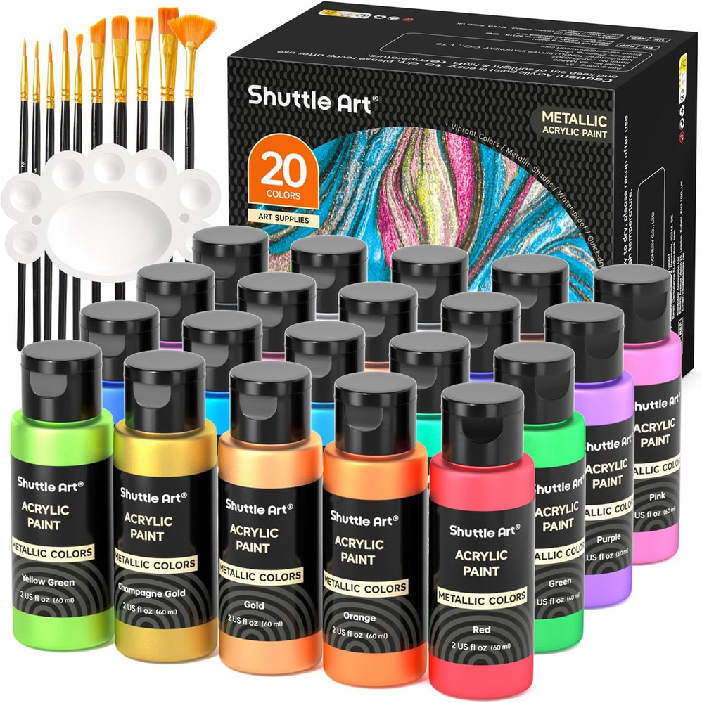 Metallic Acrylic Paint Set, 20 Colors Metallic Paint in Bottles (60Ml, 2Oz) with