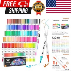 120 Colors Dual Tip Brush Marker Pens with 1 Coloring Book, Fineliner and Bru…