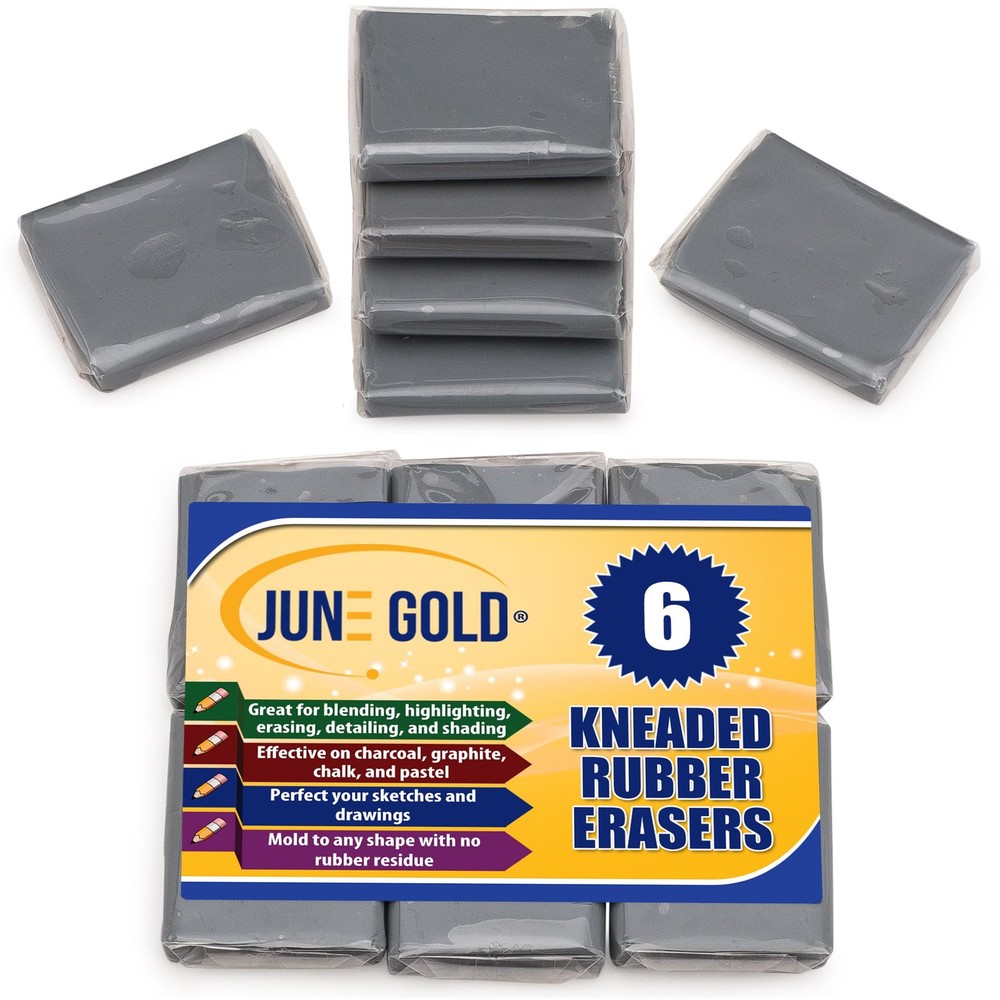 June Gold 6 Gray Kneaded Erasers, Blend, Shade, Smooth, Correct, Medium,