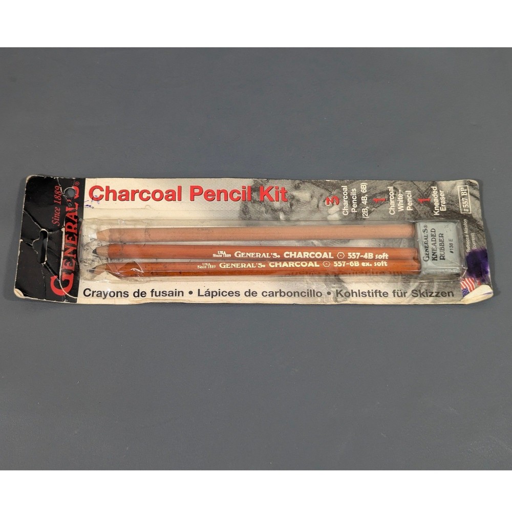 General Pencil Charcoal Kit 557 BP 3 Pencils White Pencil Kneaded Eraser USA