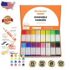 Large 304 Count Washable Markers, 16 Vibrant Colors, Conical Tip, Art Class S…
